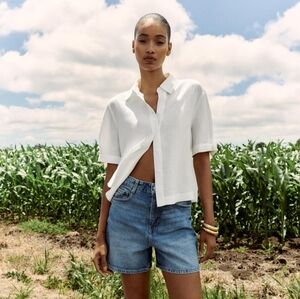 NWT SIZE M LINEN BLEND RAMIE TIE SHORT SLEEVE SHIRT WHITE ZARA 8206/730/086